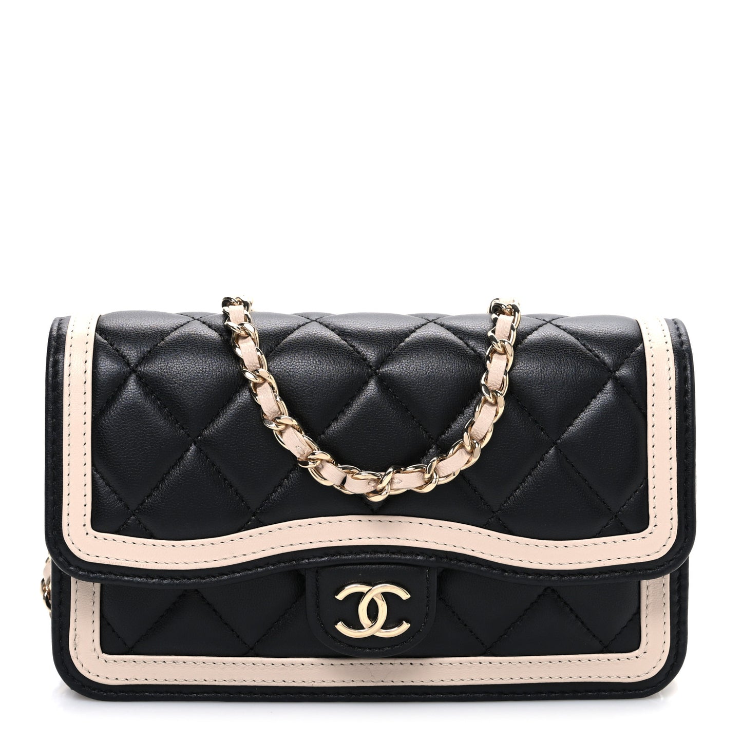 Lambskin Quilted Phone Holder Wallet With Chain Black Beige