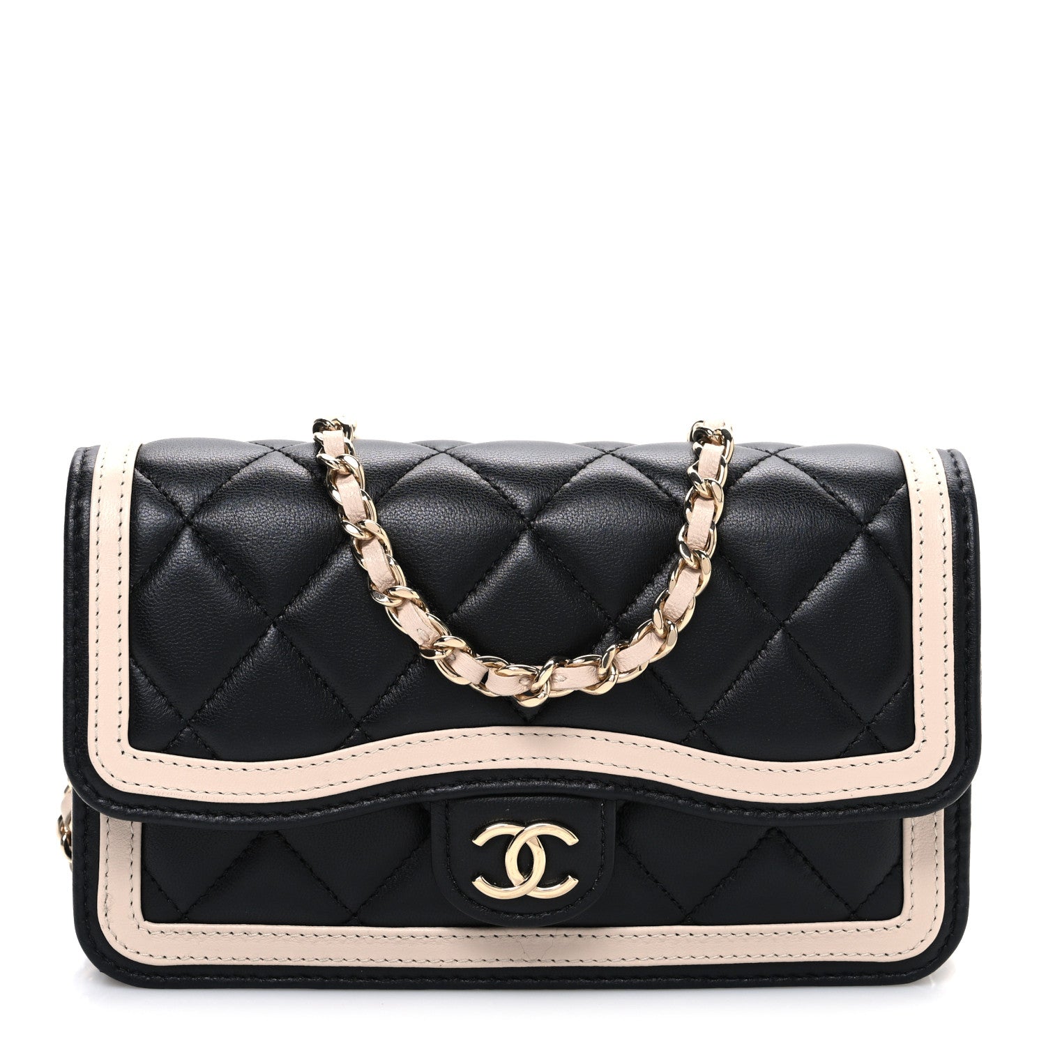 Chanel Lambskin Quilted Phone Holder Wallet With Chain Black Beige 1 of 11