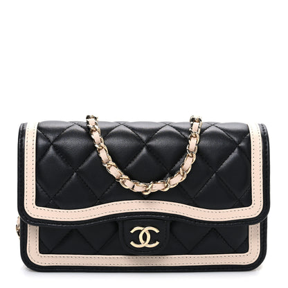 Chanel Lambskin Quilted Phone Holder Wallet With Chain Black Beige 1 of 11