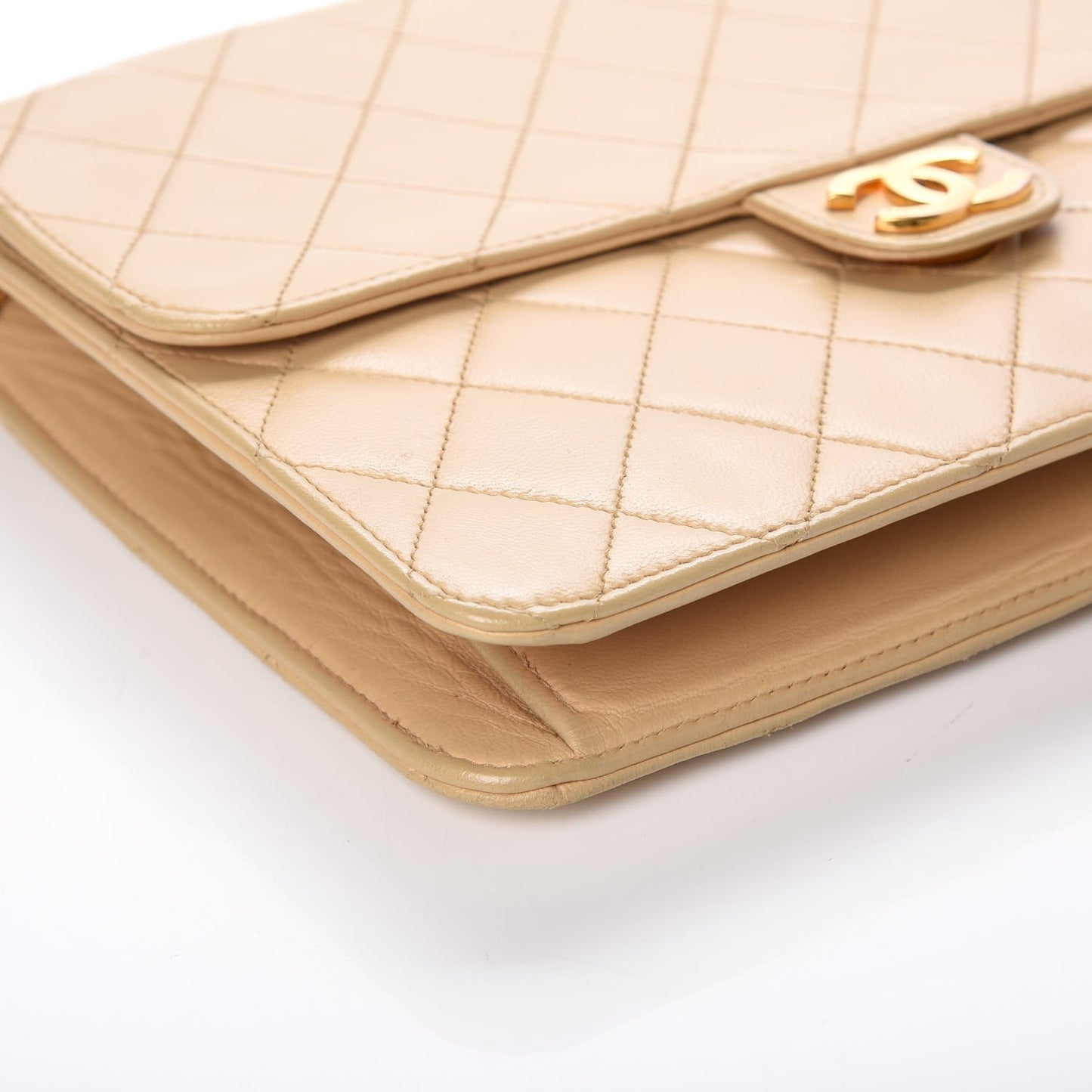 Lambskin Stitched Small Single Flap Beige