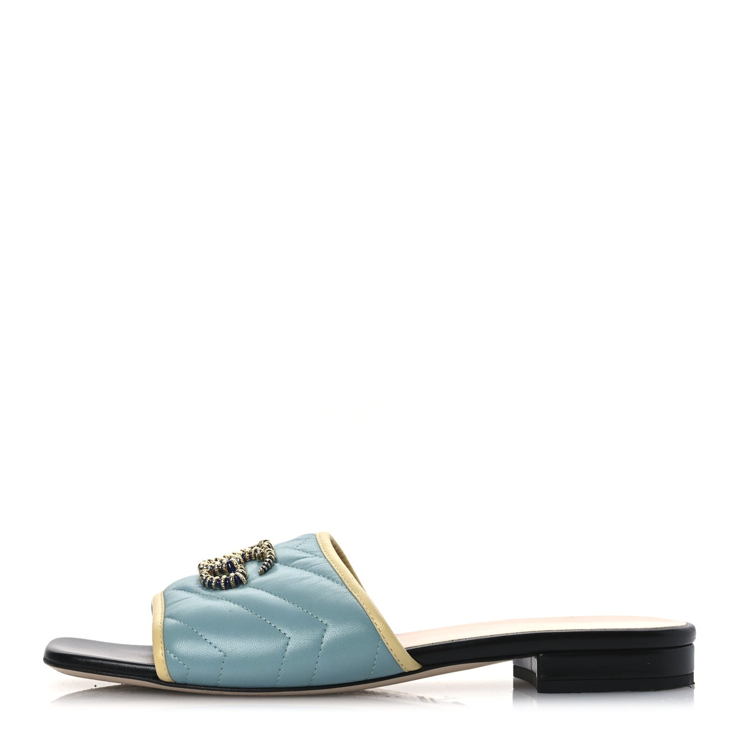 Malaga Kid Matelasse Enamel GG Marmont Flat Slide Sandals 38 Dusty Azure Burro
