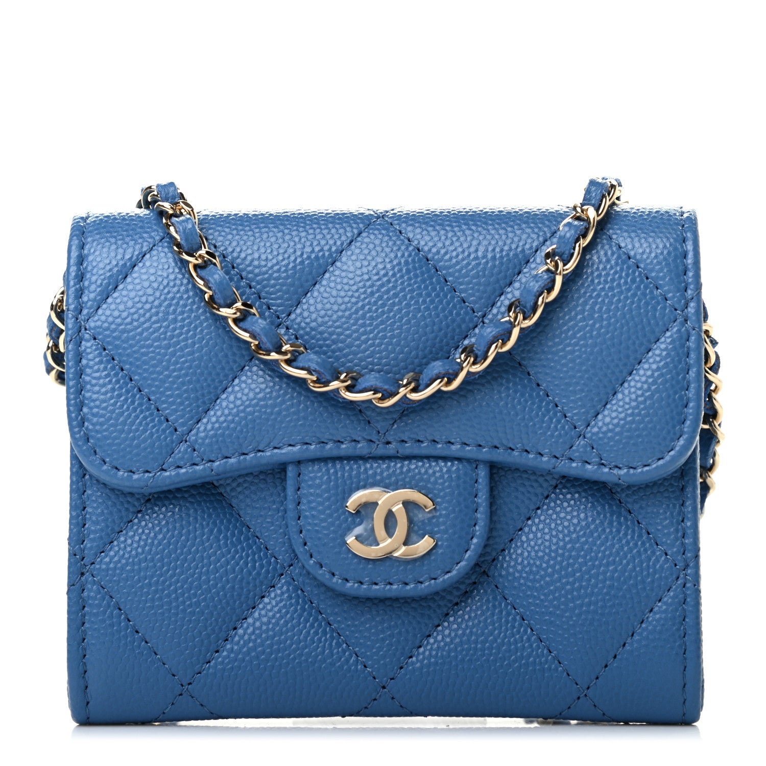 Chanel Caviar Quilted Flap Card Holder On Chain Blue 1 of 11