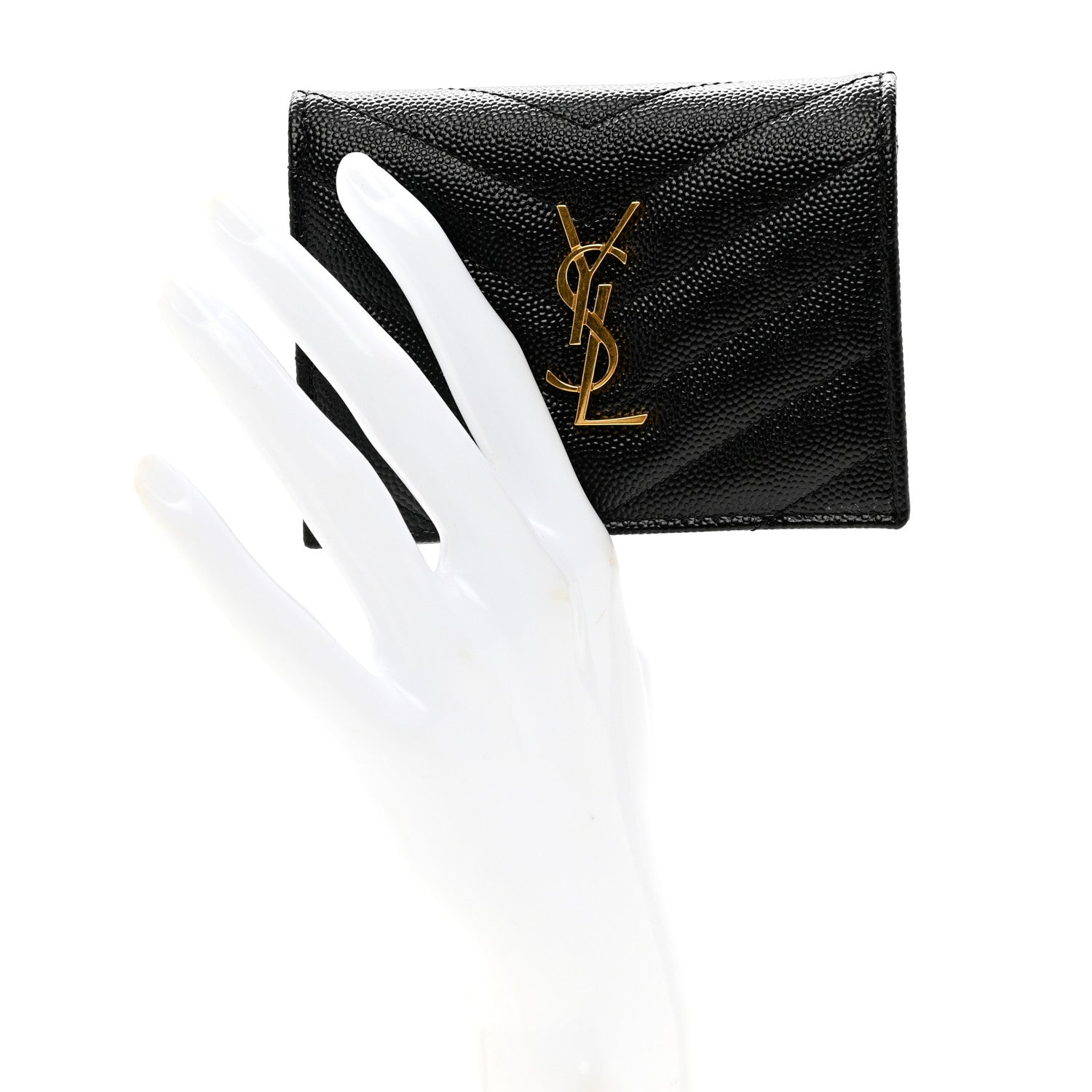 Saint Laurent Grain De Poudre Matelasse Chevron Monogram Compact Tri Fold Wallet Black 2 of 6