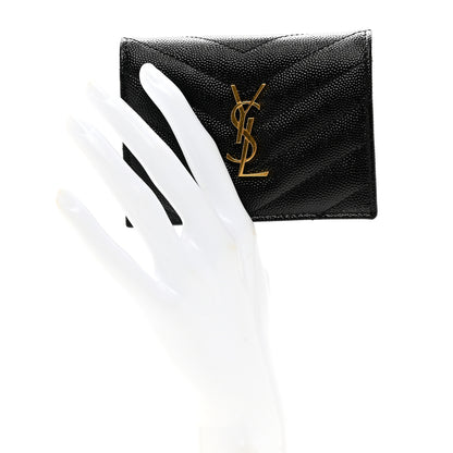 Saint Laurent Grain De Poudre Matelasse Chevron Monogram Compact Tri Fold Wallet Black 2 of 6