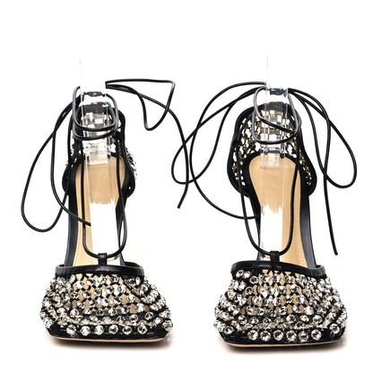 Bottega Veneta Mesh Nappa Crystal Embellished Sparkle Stretch Ankle Tie Sandals 38 Black 2 of 9