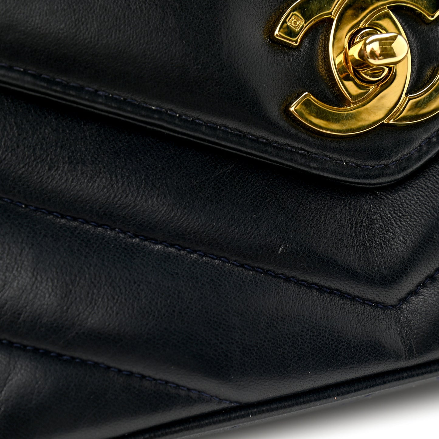 Lambskin Chevron Quilted Mini Square Flap Navy Blue