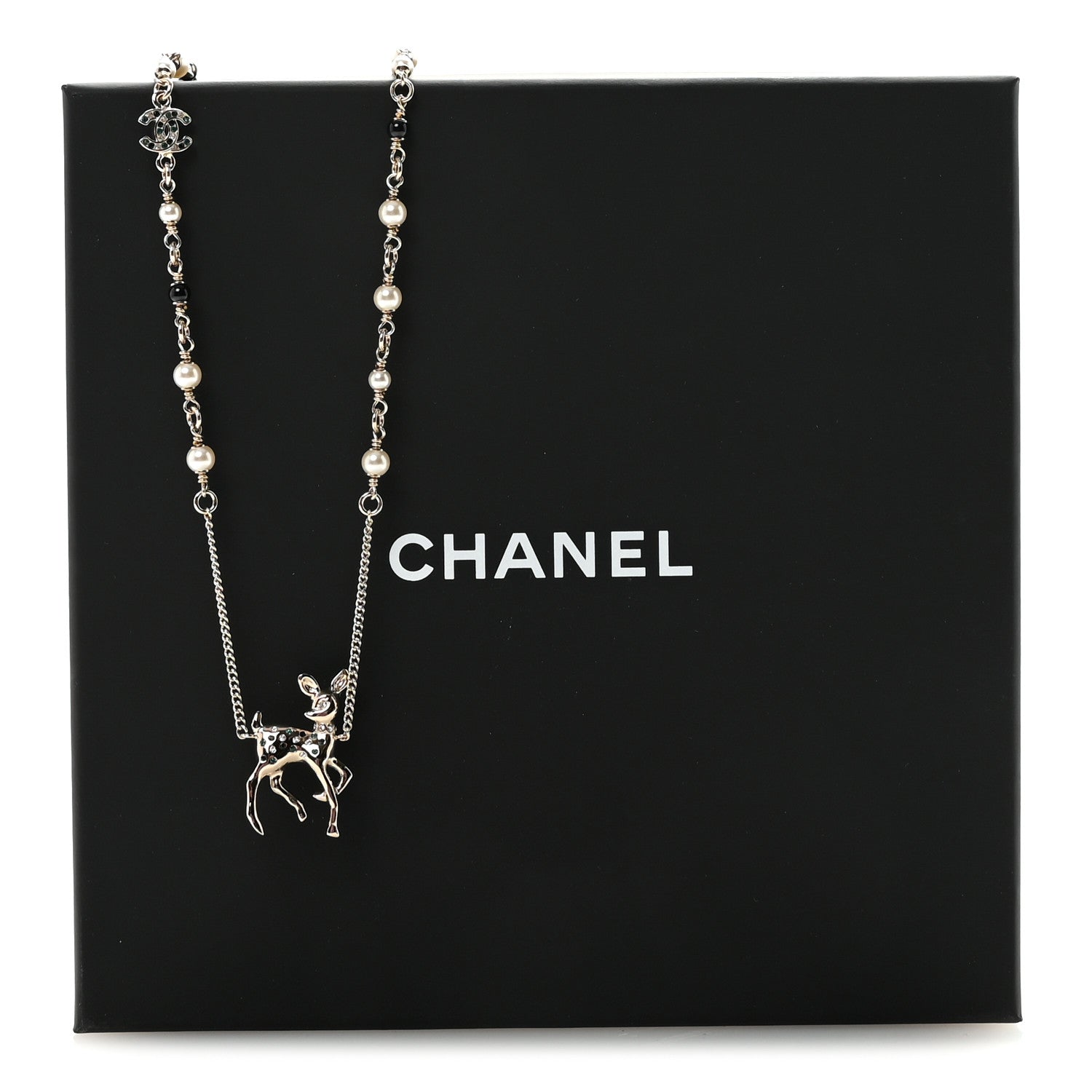 Chanel Metal Crystal Pearl Deer Pendant Necklace Green Black Gold