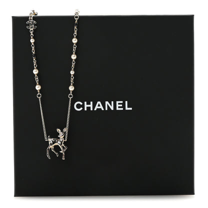 Chanel Metal Crystal Pearl Deer Pendant Necklace Green Black Gold 7 of 7