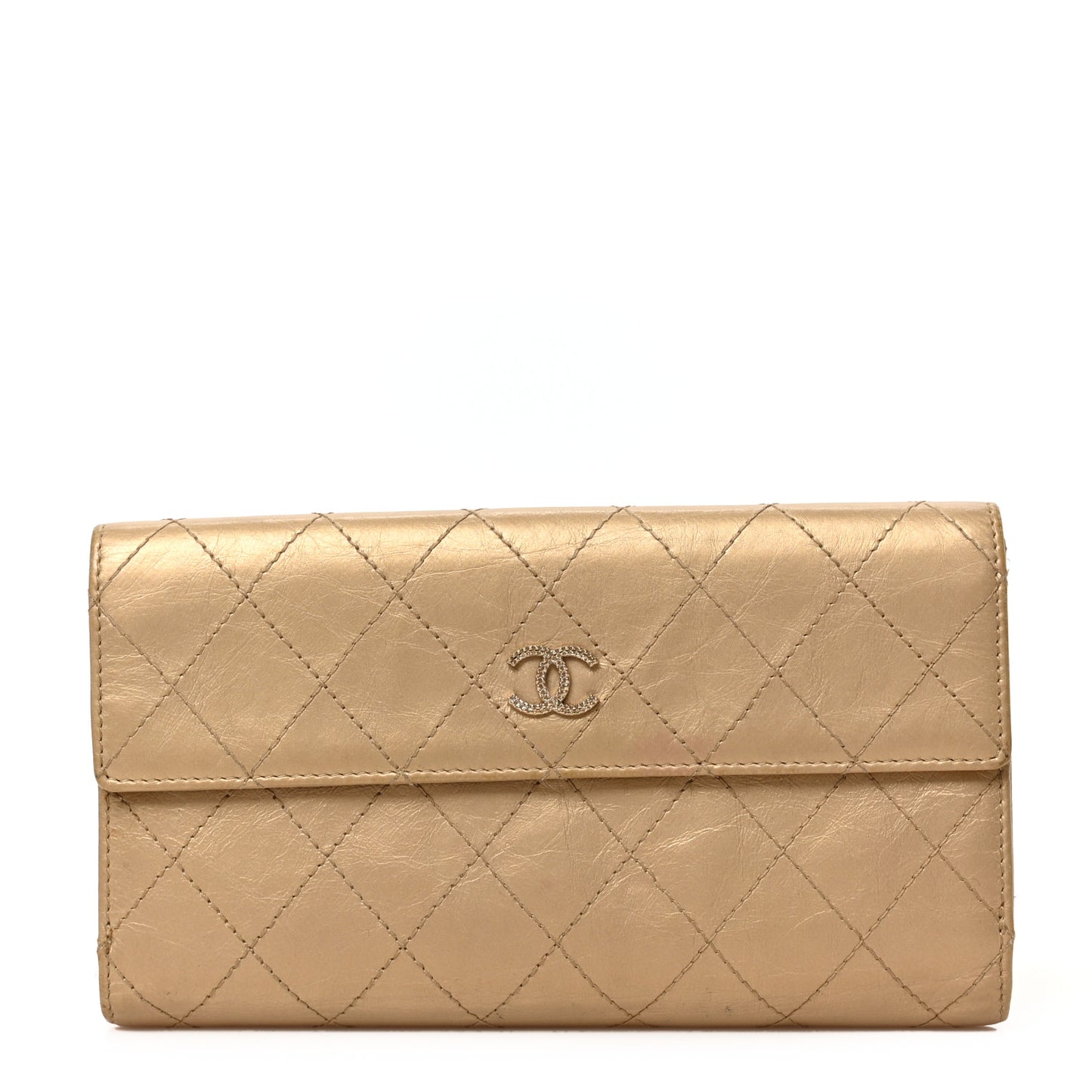 Metallic Calfskin Quilted Long Flap Wallet Gold
