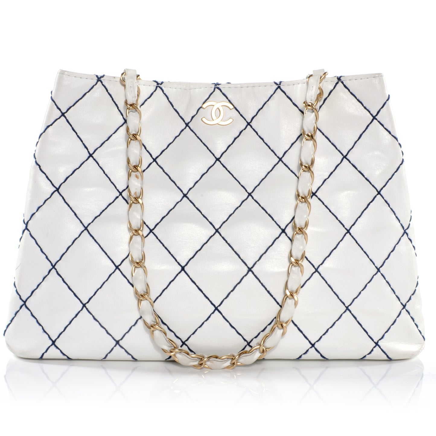 Leather Contrast Stitch Surpique Shoulder Bag White