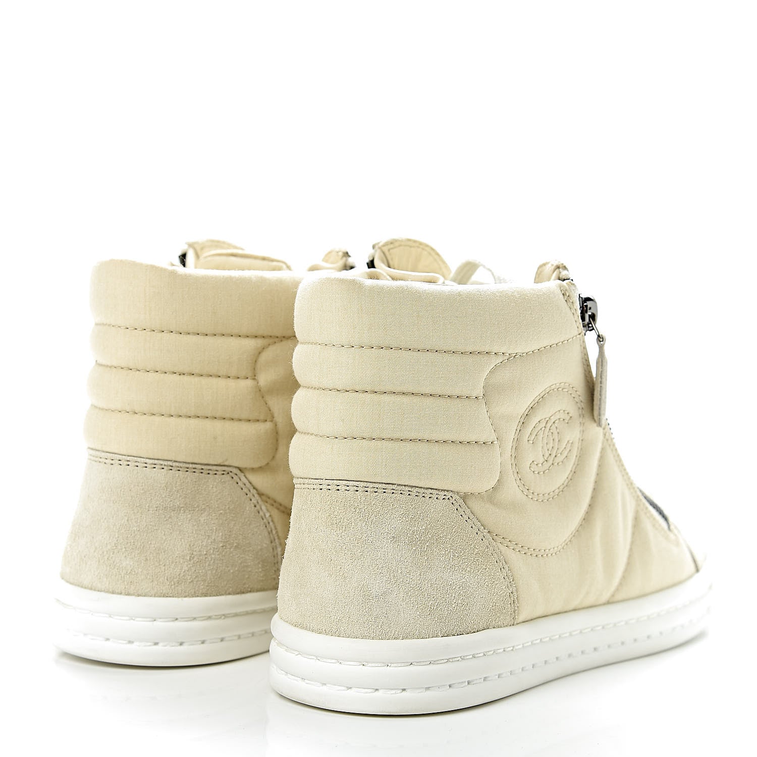 Chanel Toile Suede Calfskin CC High Top Sneakers 37 Beige White 4 of 11
