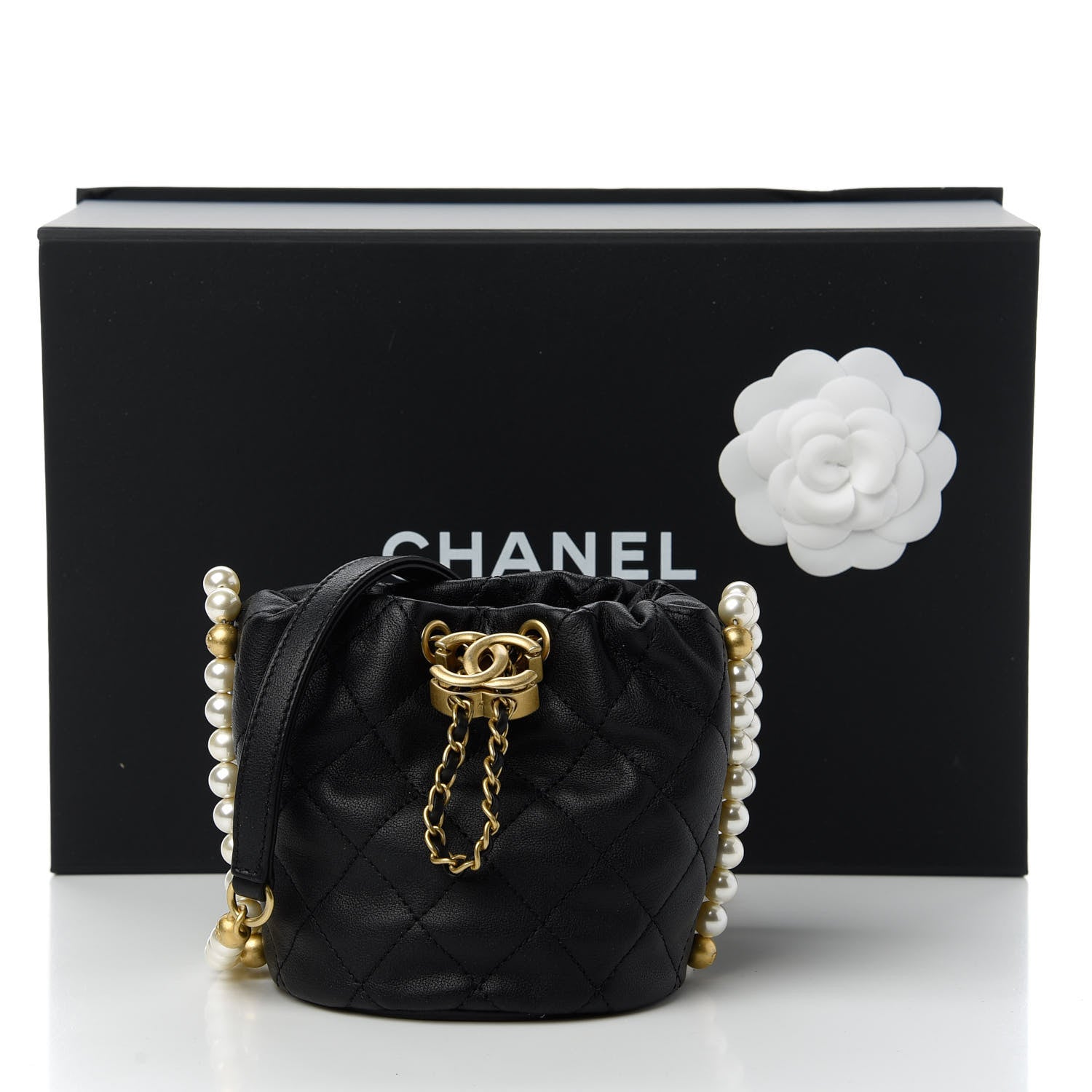 Chanel Calfskin Quilted Pearl Mini About Pearls Drawstring Bucket Bag Black 11 of 11
