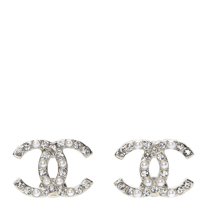 Chanel Pearl Crystal CC Charms Stud Earrings Light Gold 1 of 5