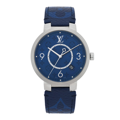 Louis Vuitton Stainless Steel Monogram 38mm Tambour Slim Quartz Watch Blue 1 of 4