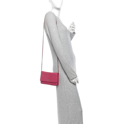 Chanel Lambskin Camellia Embossed Wallet on Chain WOC Fuchsia 2 of 13