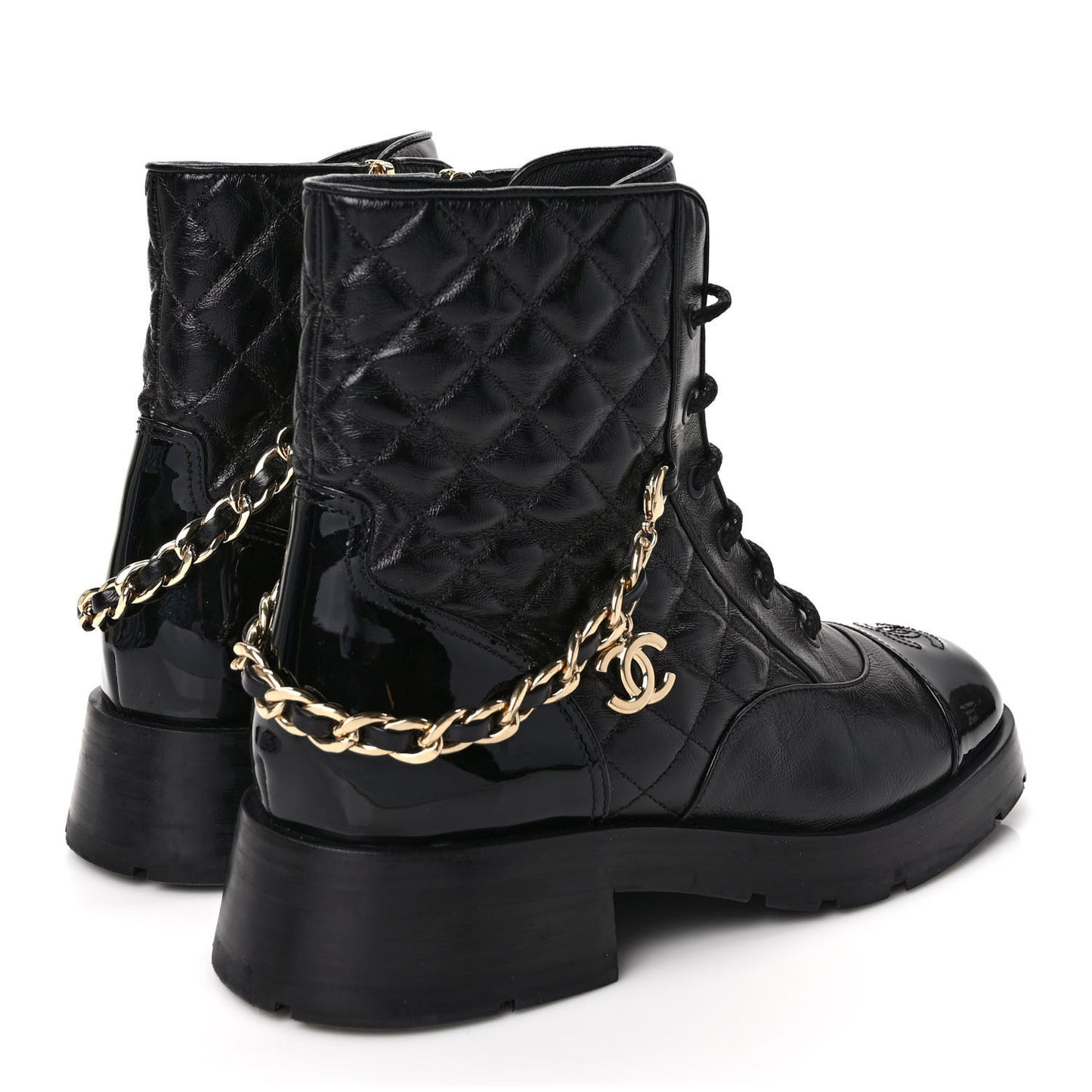 Shiny Calfskin Patent Quilted Chain Lace Up Combat Boots 40.5 Black