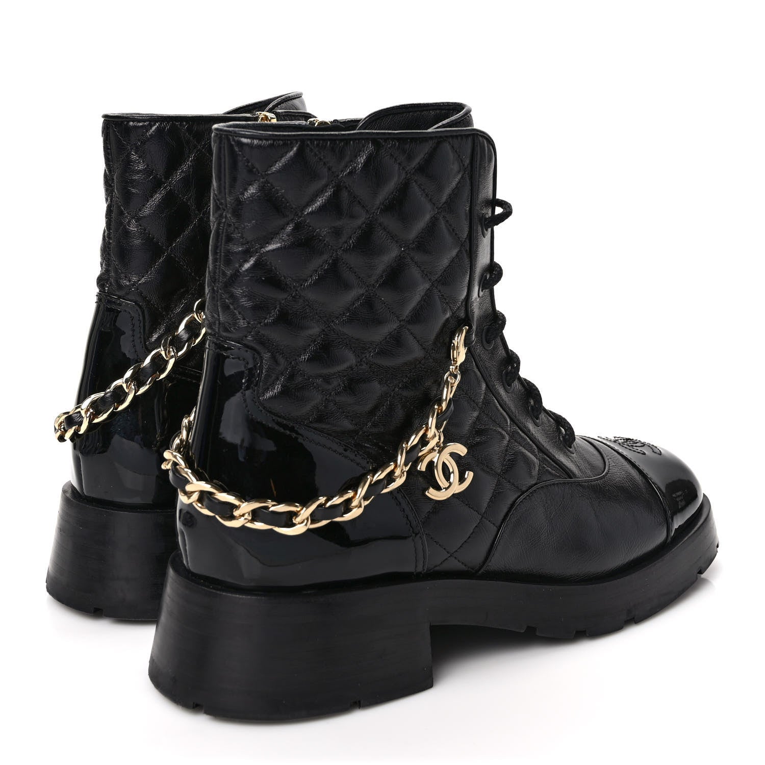Chanel Shiny Calfskin Patent Quilted Chain Lace Up Combat Boots 40.5 Black 4 of 9
