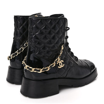 Chanel Shiny Calfskin Patent Quilted Chain Lace Up Combat Boots 40.5 Black 4 of 9