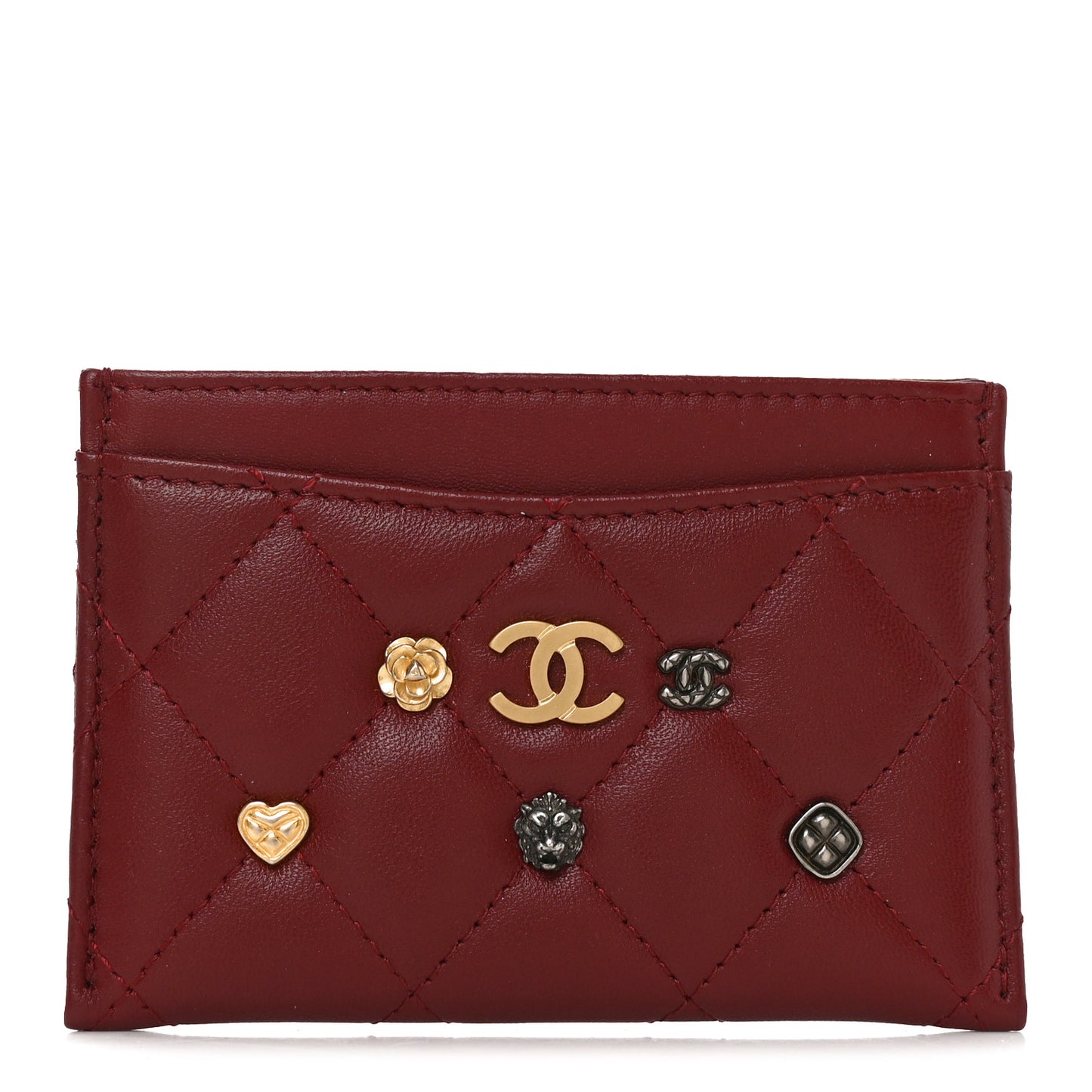 Lambskin Quilted Lucky Charms Card Holder Burgundy