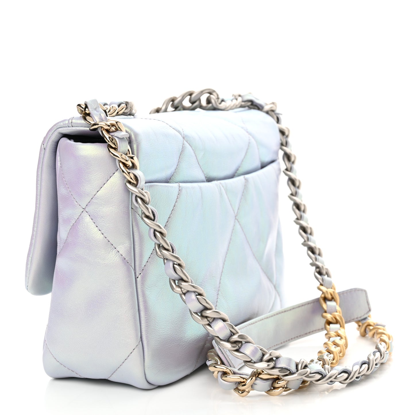 Iridescent Calfskin Quilted Medium Chanel 19 Flap Light Purple Blue