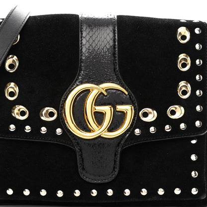 Gucci Suede Snakeskin Studded Medium Arli Flap Shoulder Bag Black 8 of 10