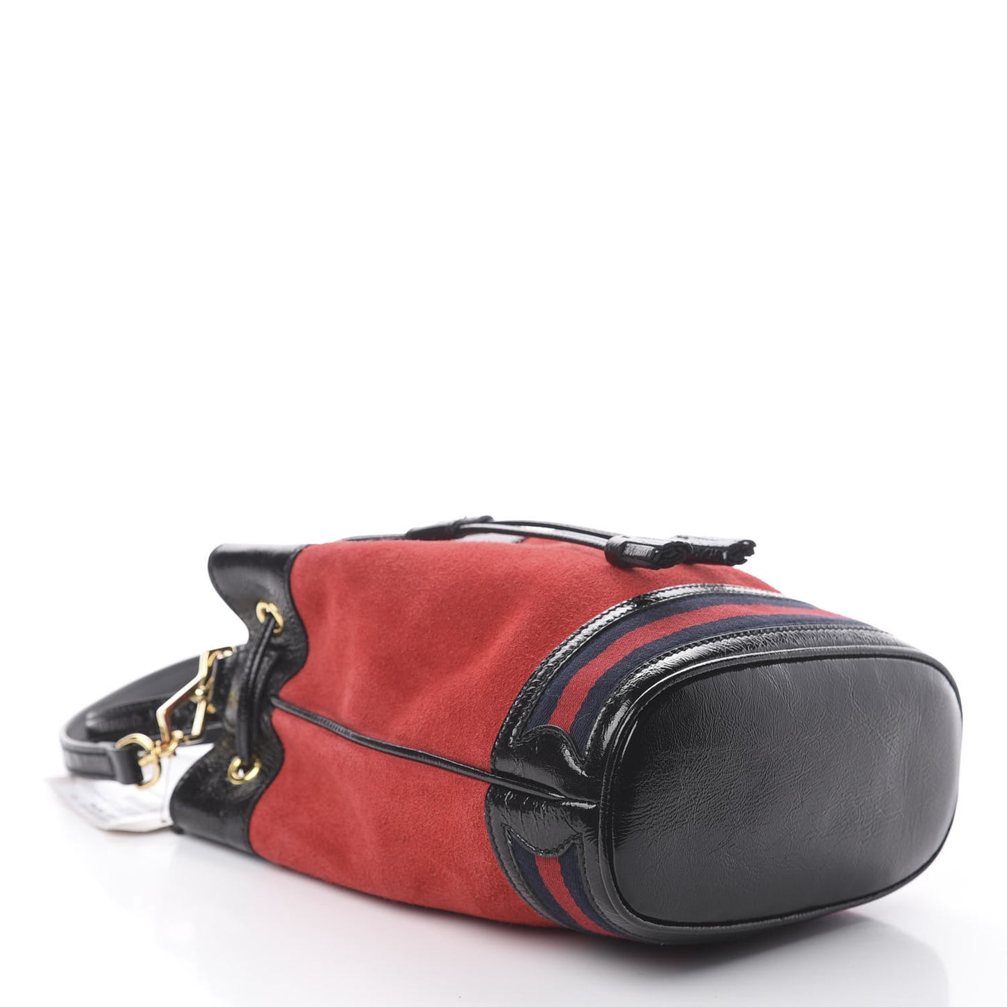 Suede Patent Web Small Ophidia Bucket Bag Hibiscus Red Black