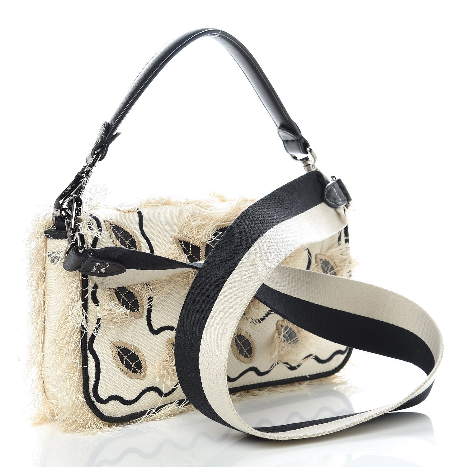 Fendi Canvas Nappa Rose Embroidered Baguette Grezzo Black 2 of 9