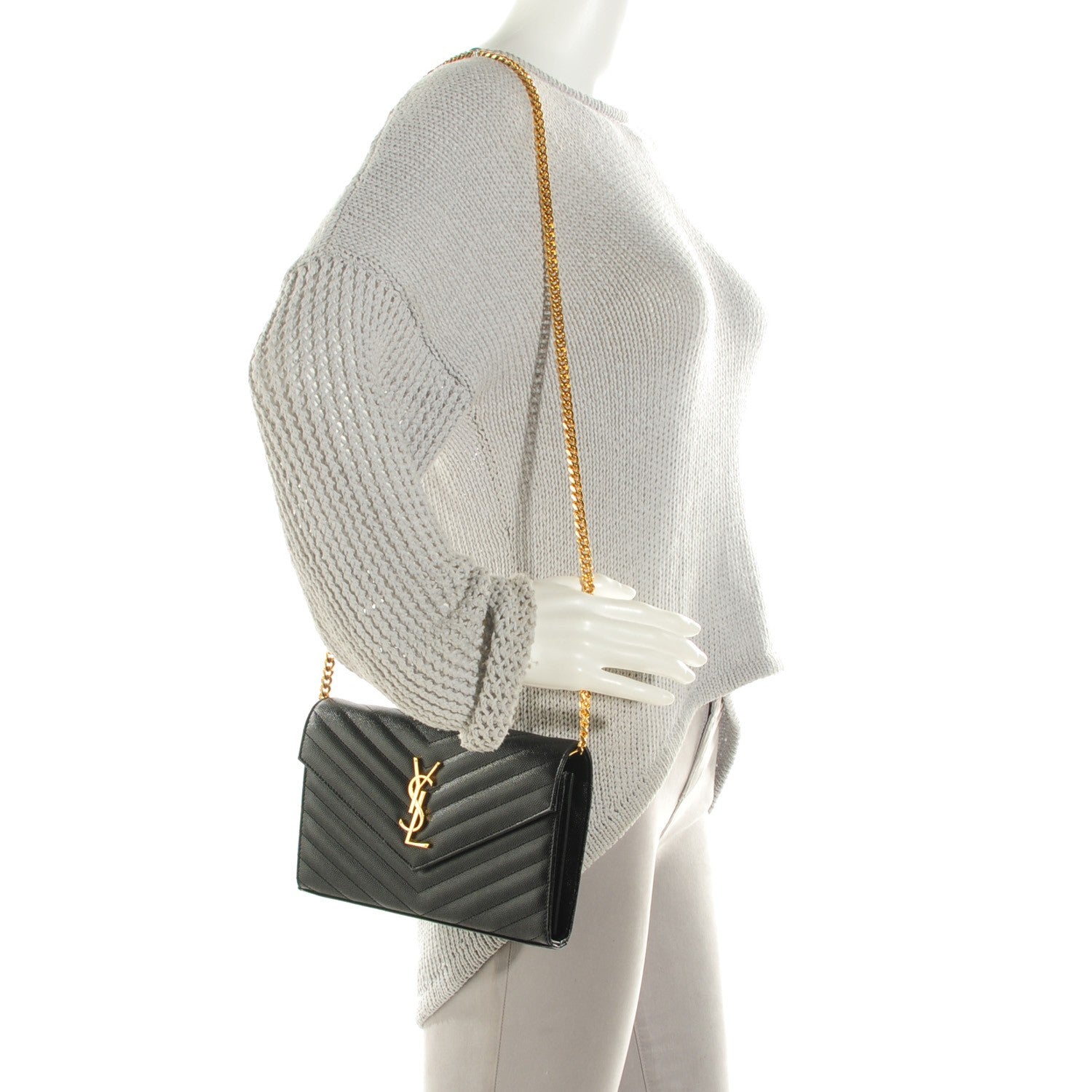 Saint Laurent Grain De Poudre Matelasse Chevron Medium Monogram Chain Wallet Black 2 of 7