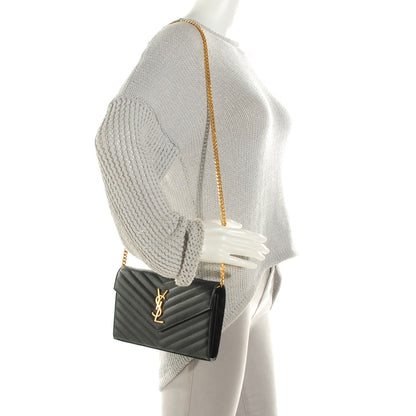 Saint Laurent Grain De Poudre Matelasse Chevron Medium Monogram Chain Wallet Black 2 of 7