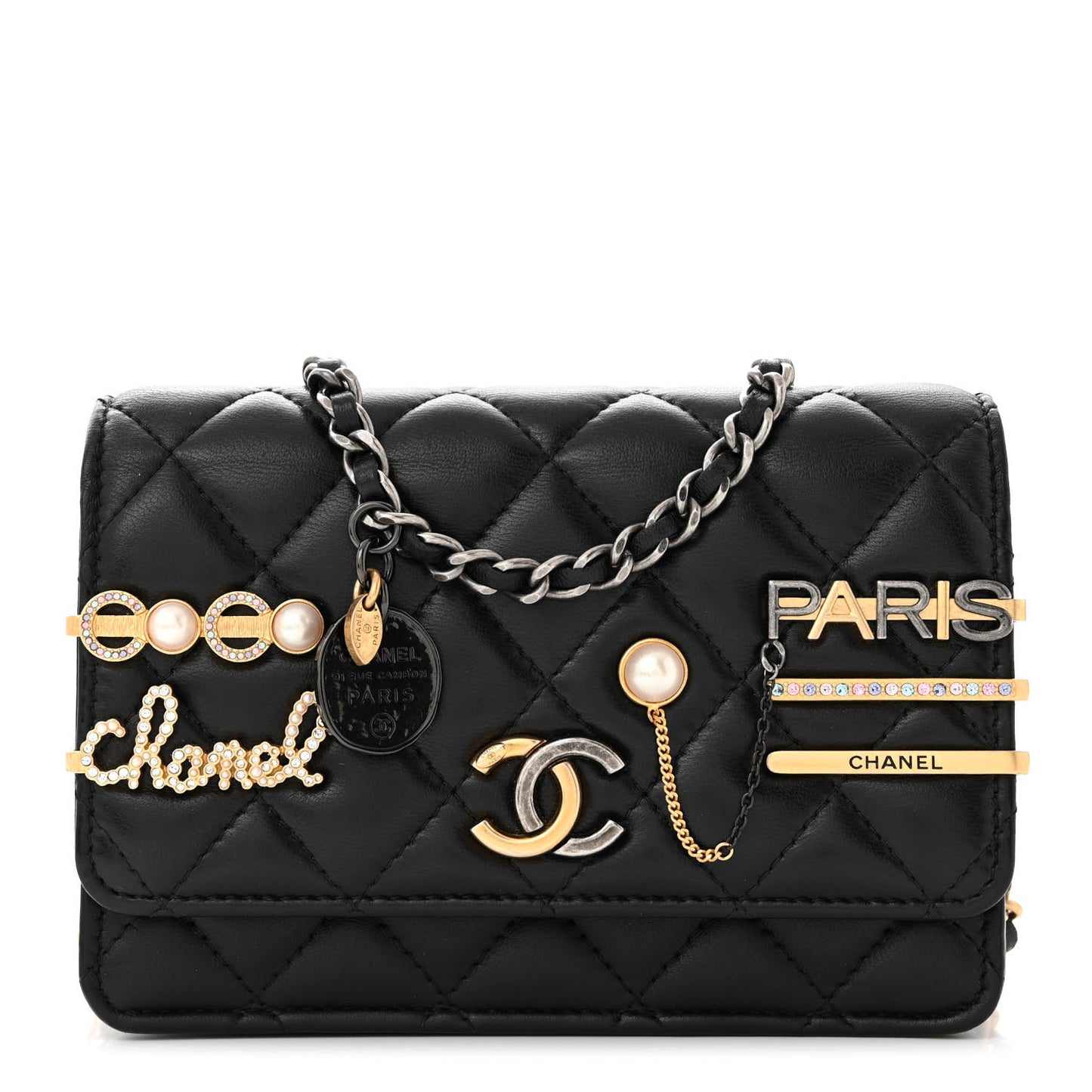Lambskin Quilted Coco Clips Mini Wallet On Chain WOC Black