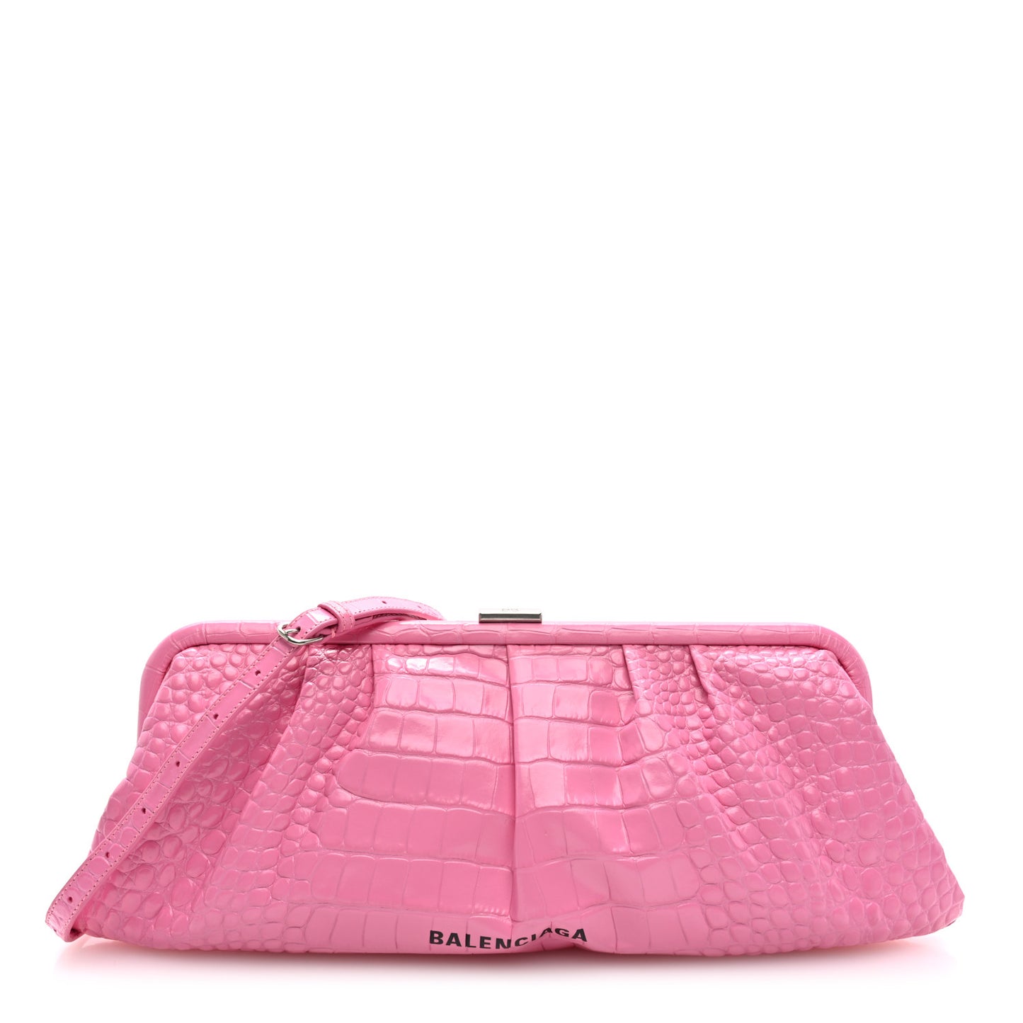 Shiny Supple Calfskin Logo Crocodile Embossed XL Cloud Clutch Pink