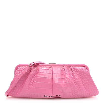 Balenciaga Shiny Supple Calfskin Logo Crocodile Embossed XL Cloud Clutch Pink 1 of 9