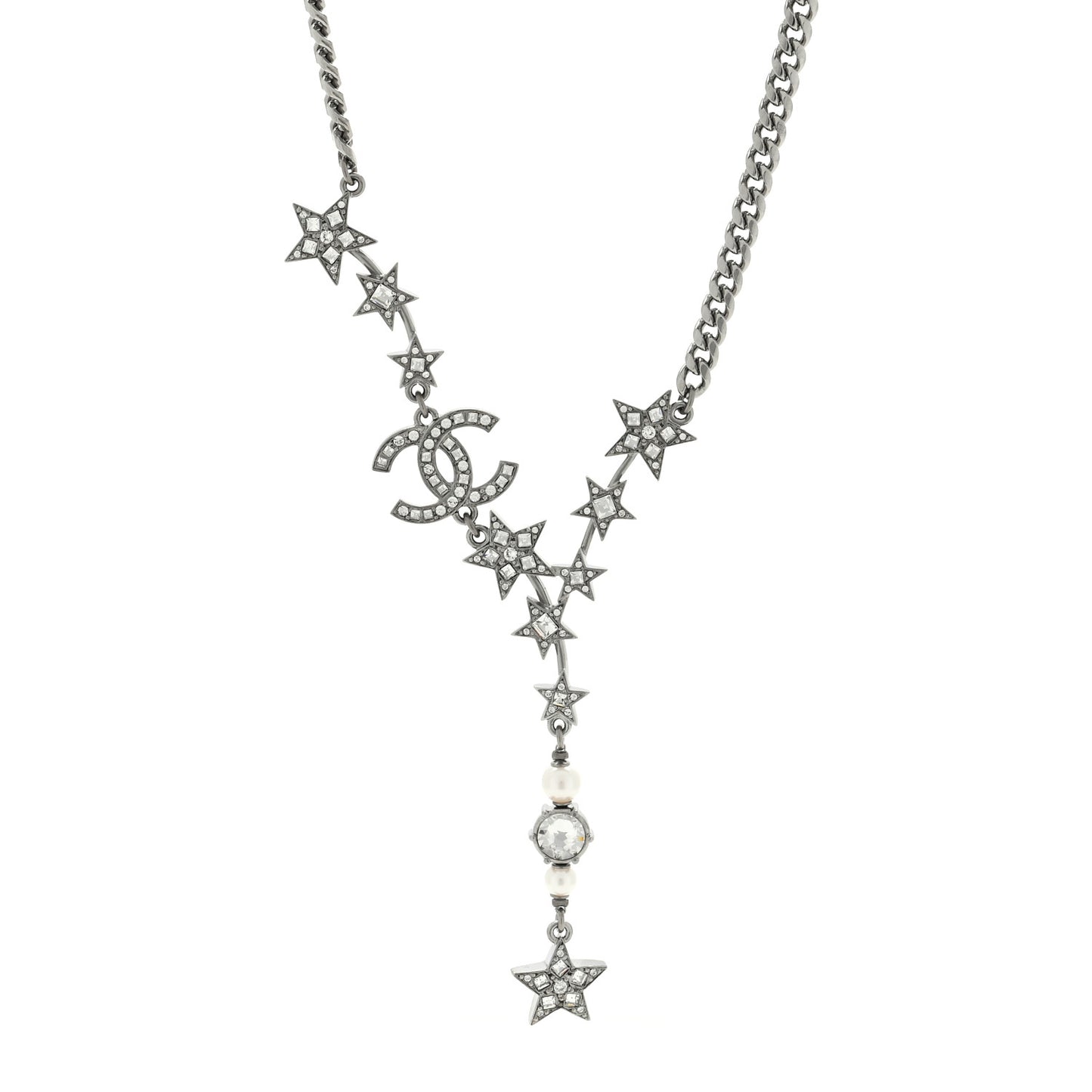 Crystal Pearl CC Star Necklace Silver