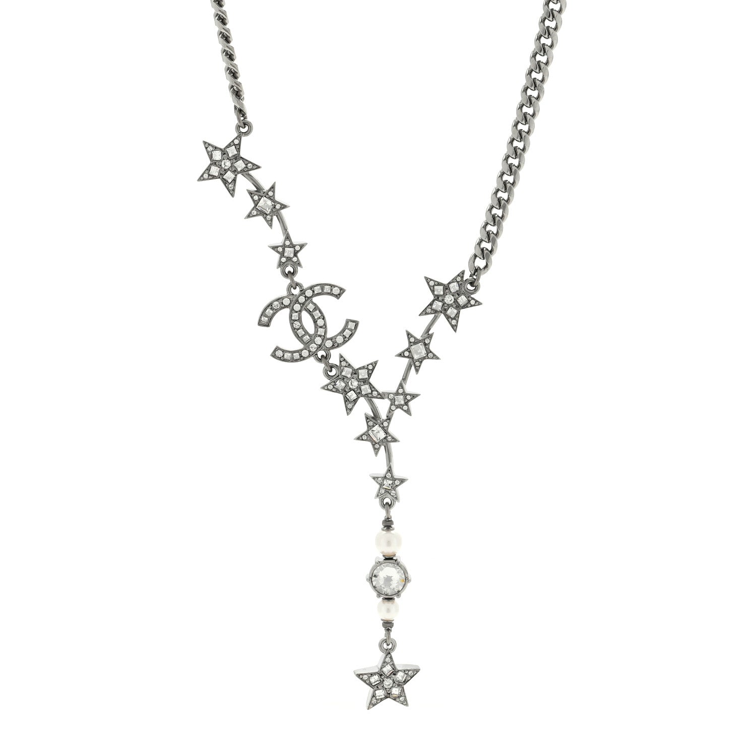 Chanel Crystal Pearl CC Star Necklace Silver 1 of 4