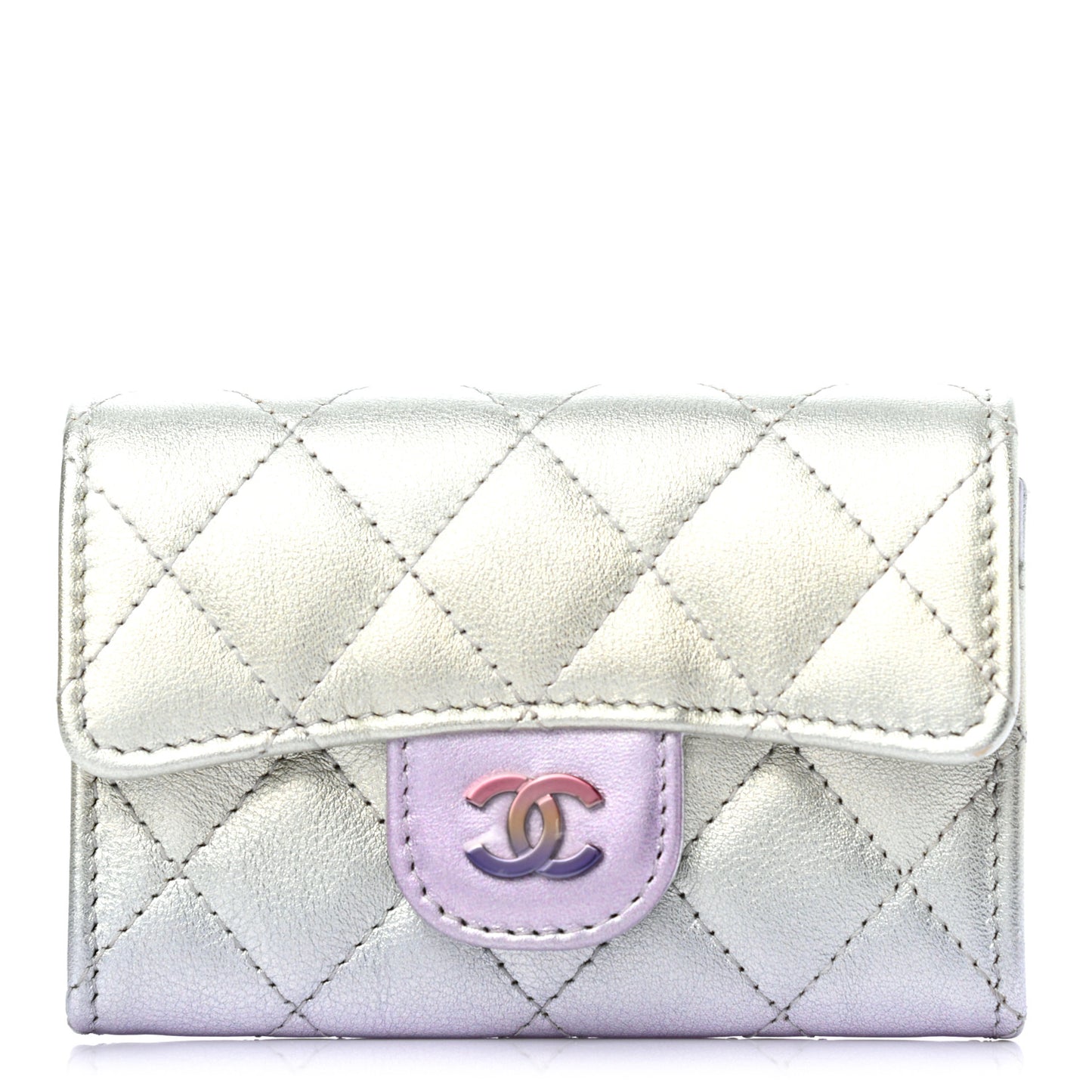 Gradient Metallic Calfskin Quilted Flap Card Holder Wallet Silver Blue Yellow Purple