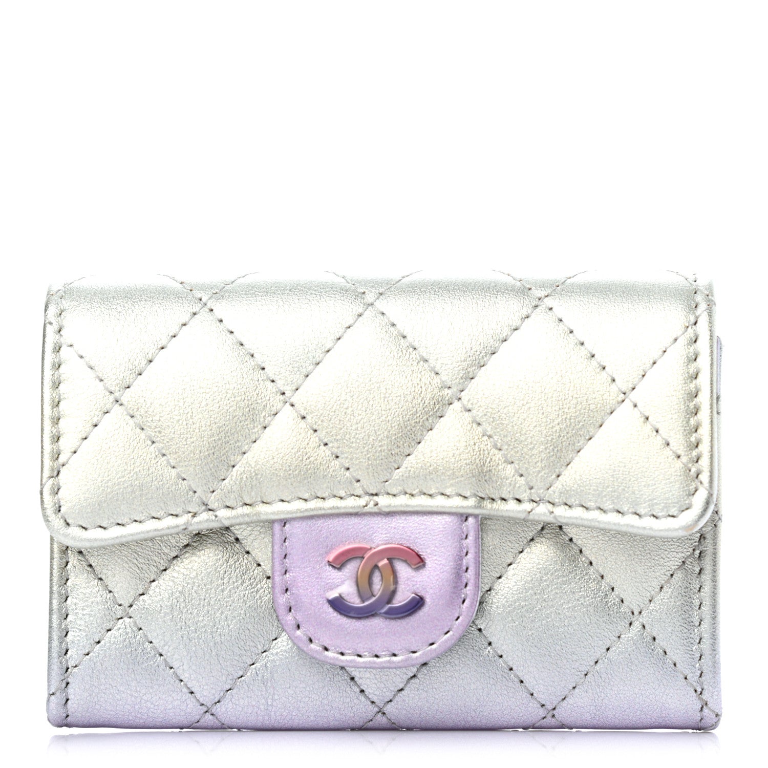 Chanel Gradient Metallic Calfskin Quilted Flap Card Holder Wallet Silver Blue Yellow Purple 1 of 8