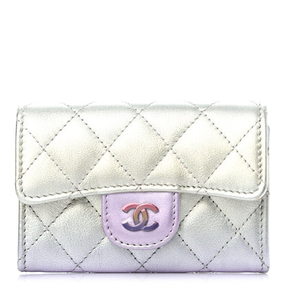 Chanel Gradient Metallic Calfskin Quilted Flap Card Holder Wallet Silver Blue Yellow Purple 1 of 8