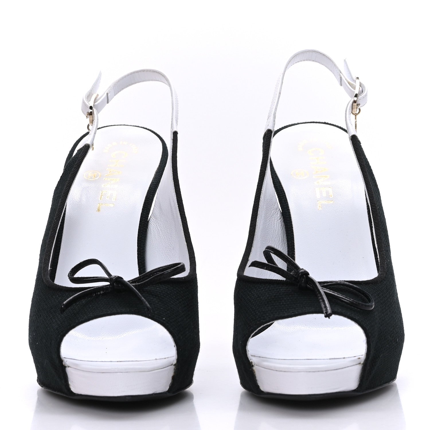 Chanel Canvas Peep Toe Slingback Pumps 39 Black White 2 of 7