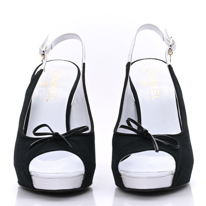 Chanel Canvas Peep Toe Slingback Pumps 39 Black White 2 of 7