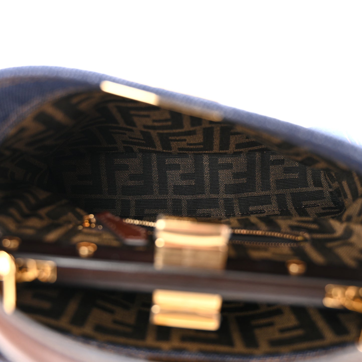 Denim Fabric Jacquard Cuoio FF 1974 Mini Peekaboo Iconic Satchel Blue Tobacco Moro