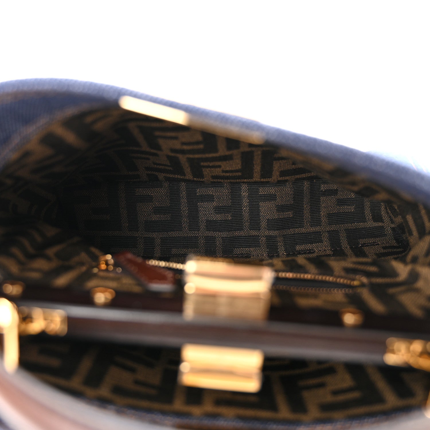 Fendi Denim Fabric Jacquard Cuoio FF 1974 Mini Peekaboo Iconic Satchel Blue Tobacco Moro 6 of 12