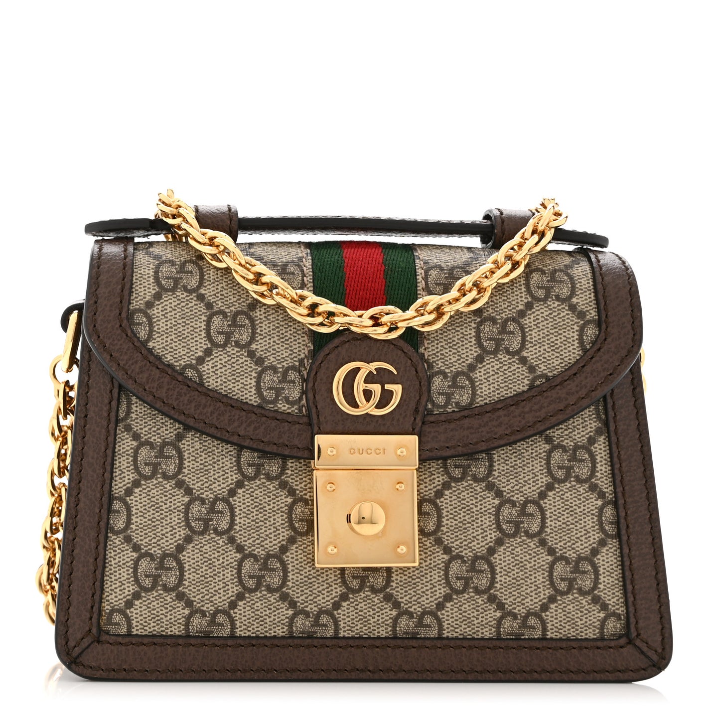 GG Supreme Monogram Textured Dollar Calfskin Web Mini Ophidia Padlock Top Handle Chain Shoulder Bag Beige Ebony New Acero