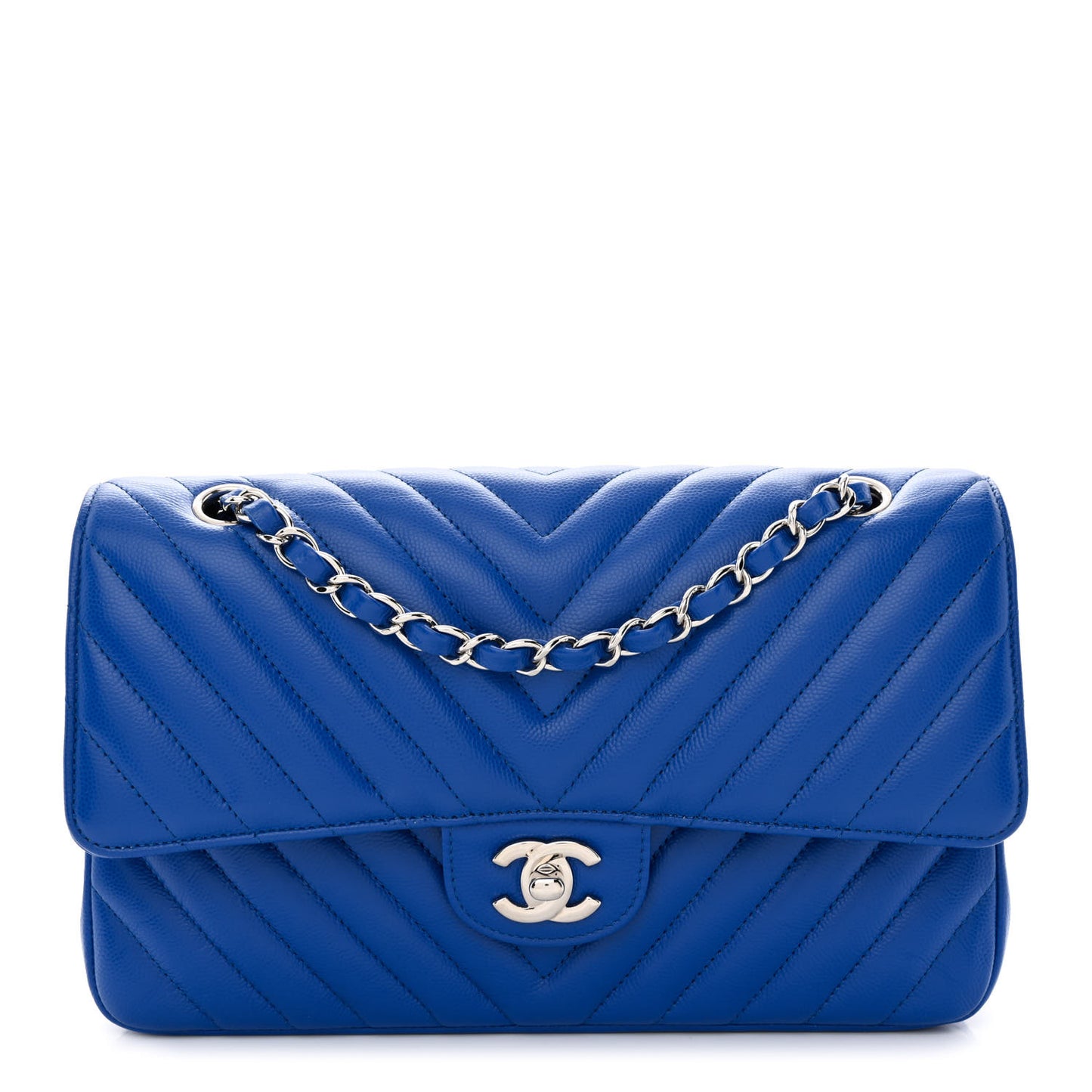 Caviar Chevron Quilted Medium Double Flap Blue