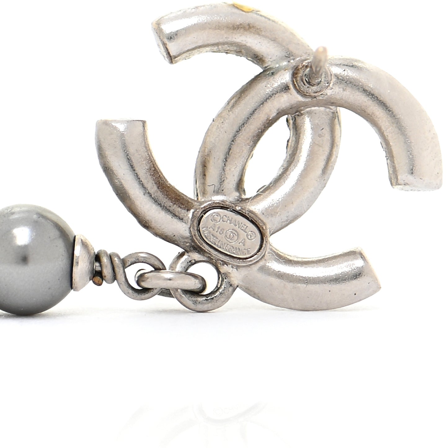 Crystal Pearl CC Drop Earrings Silver