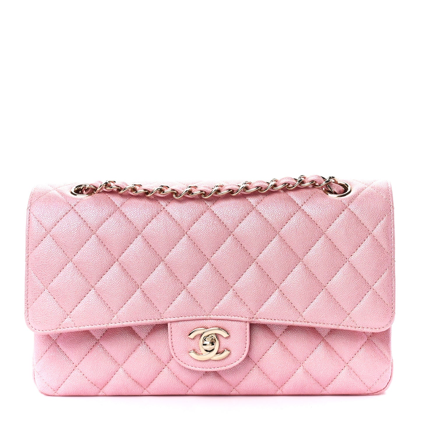 Iridescent Caviar Quilted Medium Double Flap Rose Pink