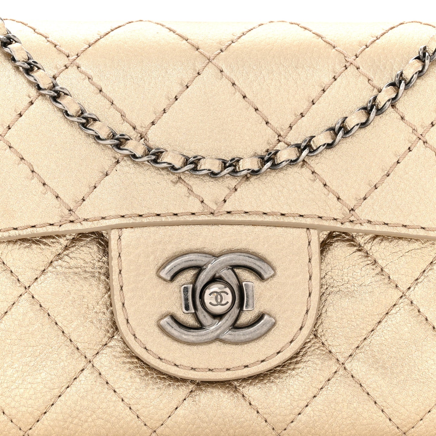 Metallic Calfskin Quilted Flap Clutch With Chain Light Gold