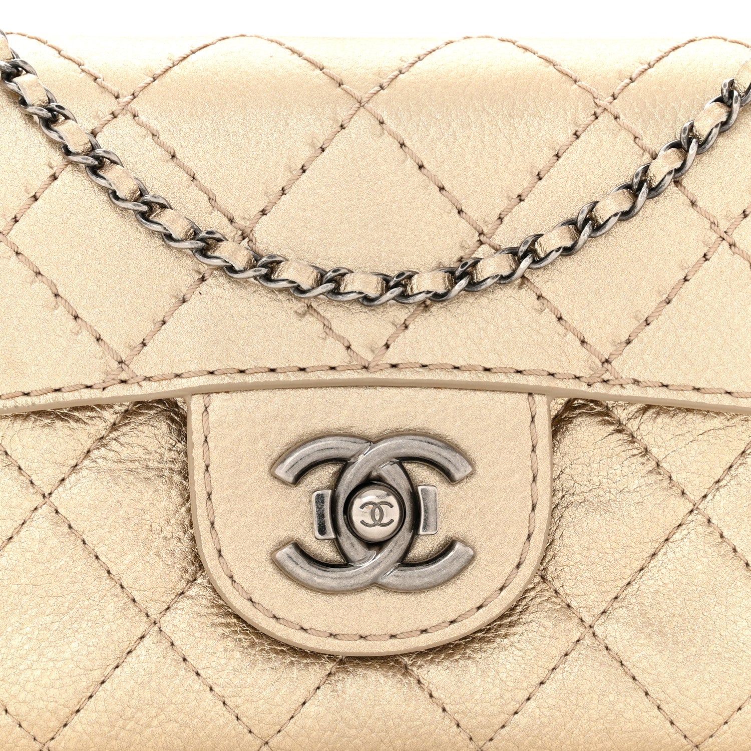 Chanel Metallic Calfskin Quilted Flap Clutch With Chain Light Gold 8 of 11