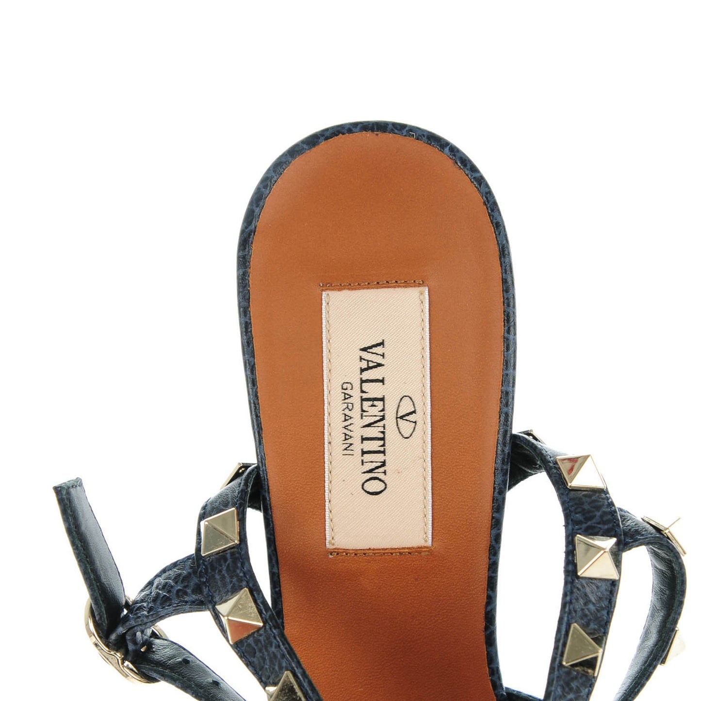 Pebbled Calfskin Rockstud Ankle Strap 65mm Pumps 36.5 Deep Denim