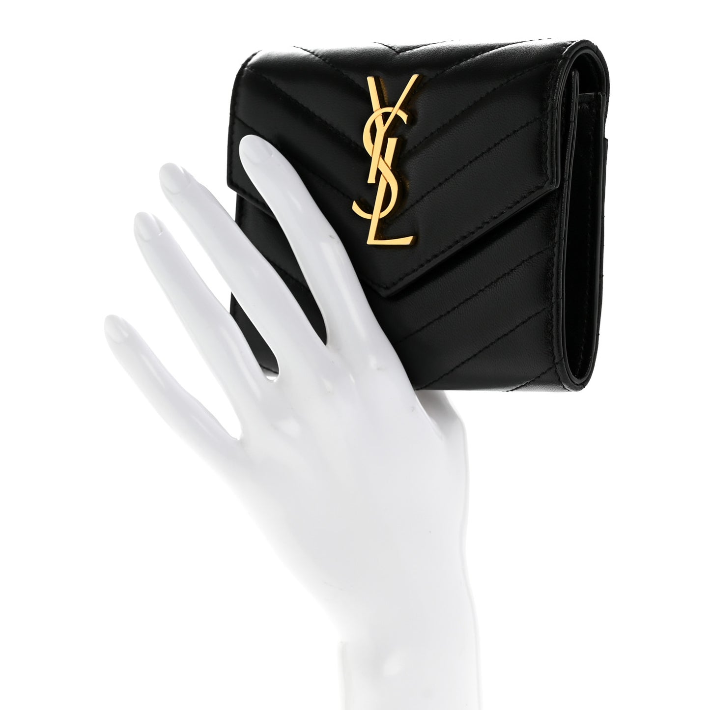 Lambskin Matelasse Chevron Monogram Compact Tri Fold Wallet Black