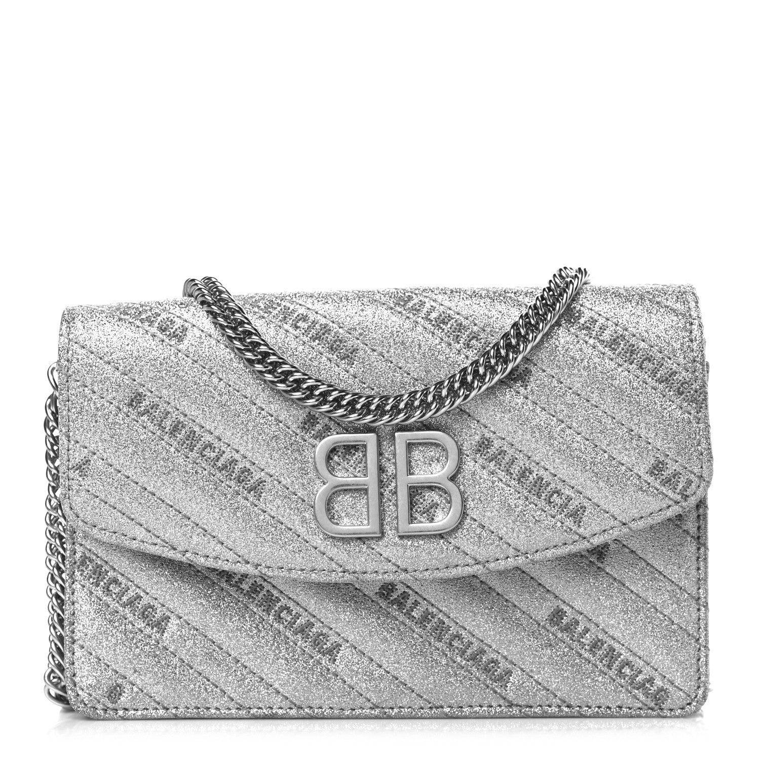 Balenciaga Glitter Logo Matelasse BB Wallet On Chain Silver 1 of 9